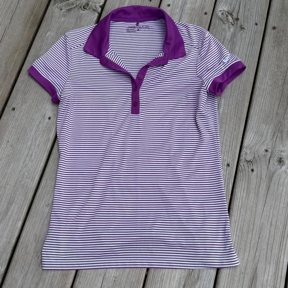 Nike Golf Dri-FIT Purple Striped Polo Shirt Womens Small Short Sleeve Athletic